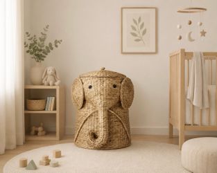 Elephant Natural Woven Basket with Lid (20.5" W)