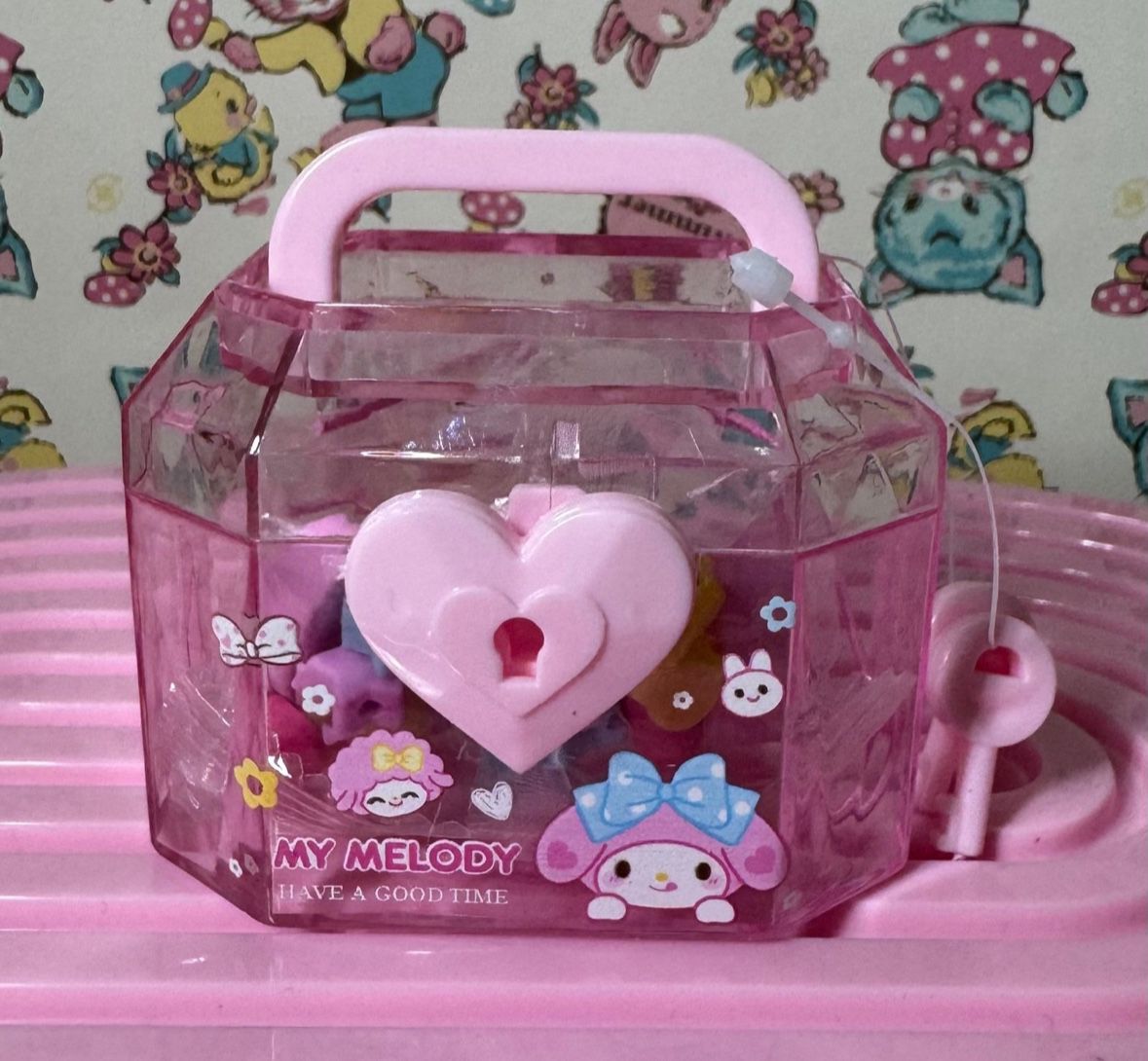 New My Melody Pink Lock Box Treasure Chest With Mini Eraser Beads!!!