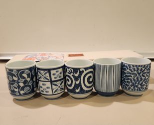 Set of 5 Japanese Style Blue & White Porcelain Tea Cups
