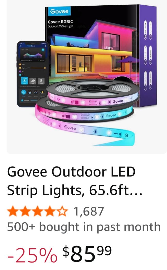 Govee Outdoor LED Strip Lights, 65.6ft Smart Led Strip Lights Work with Alexa and Google Assistant,