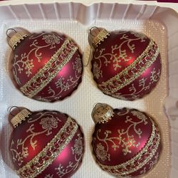 Vintage 4 Christmas By Krebs Burgundy Red Gold Glitter Floral Glass Ornaments Germany
