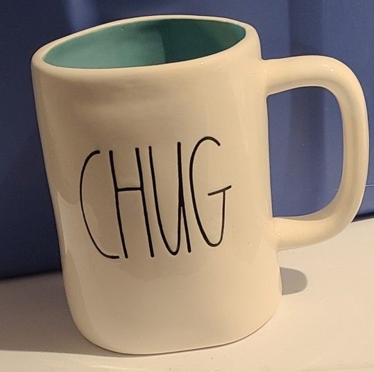 Rae Dunn CHUG Coffee Mug Teal Blue Interior Artisan Collection Magenta