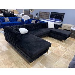 Lydia Velvet Black Double Chaise Sectional /couch /Living room set