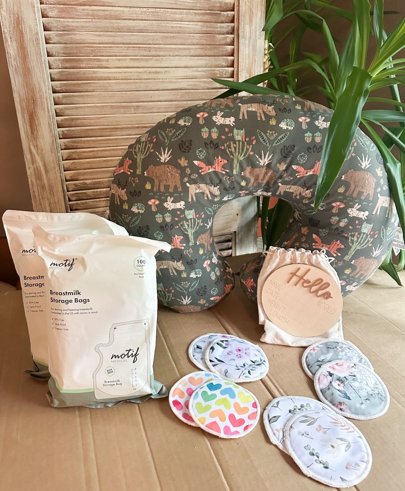 LIKE NEW Excellent Condition Boppy Nursing Pillow Forest Woodland Animals, 200 Count Of Unopened Breastmilk Storage Bags, Set Of 4 Reusable Breast Pad