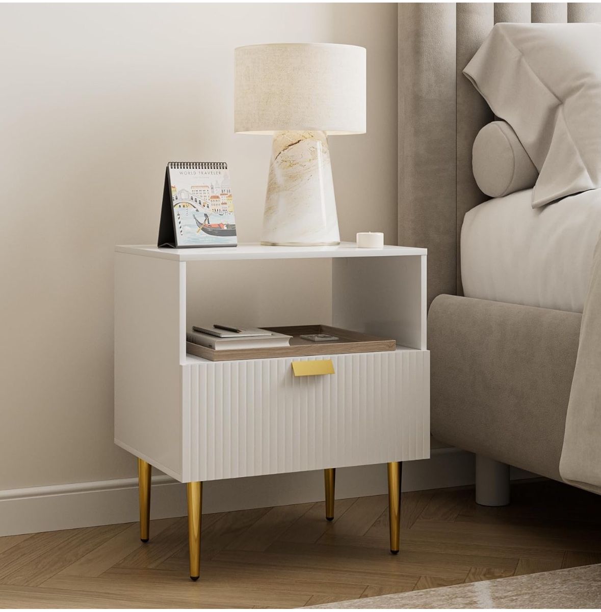 Nightstand with Drawers, Large Fluted Night Stand, End Table for Living Room, Mid Century Modern Bedside Table for Bedroom (11-White Stripe, 1 Drawer)