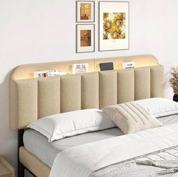 Adjustable Headboard for Full/Queen Size Bed Frame, Linen Fabric Bed Headboard with Storage & RGB LE