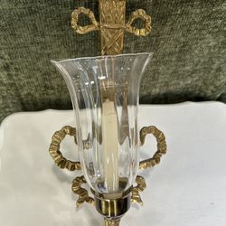 Vintage The Bombay Company - Brass Torch Bow Candle Holder Sconce With Glass - Wall Hanging - Home Decor 