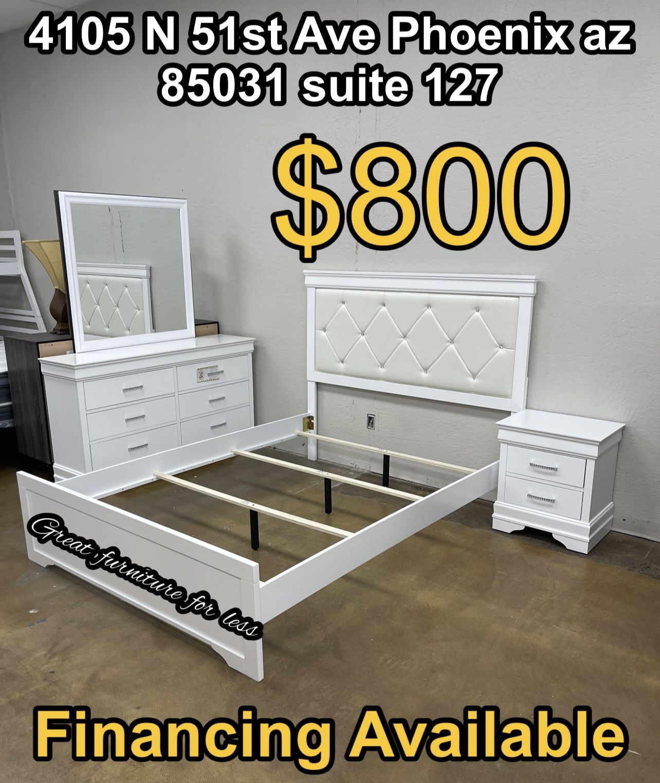4 PCs Queen Size Bedroom Set White Wood Include Bed Frame Dresser Mirror And 1 Nightstand Brand New