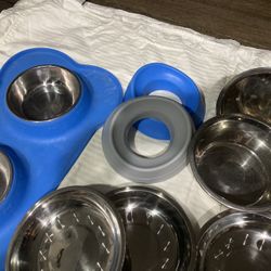 New, Pet  Bowls/Dishes, Seven Shallow, double dish with Matt two deeper bowls to rubber, gray and blue so bowls don’t move