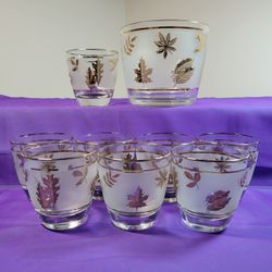 Vintage "Golden Foliage" by Libby Glass Company 8  Old-Fashion Cocktail Glasses and Ice Bucket 
