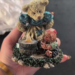 Small Resin Bear Figurine w/ Candle & Flowers on Decorative Base