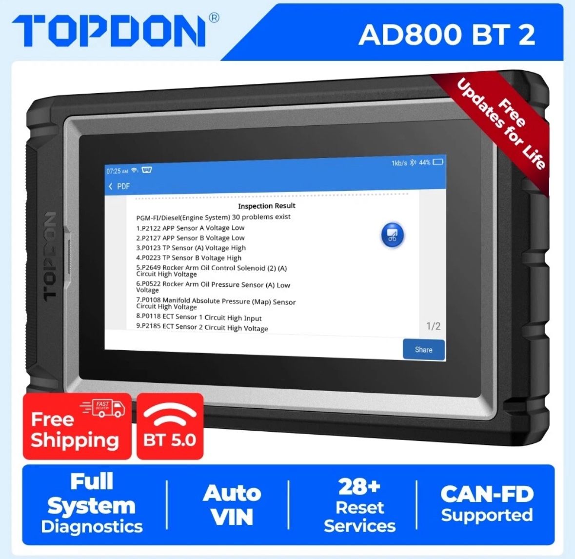 TOPDON AD800BT 2 OBD2 Car Scanner Engine ABS SRS SAS TPMS Diagnostic Tool