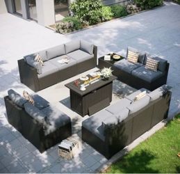 11 Piece Patio Furniture Set with 44" Fire Pit Table Wicker Rattan Outdoor Sectional Sofa Set with Coffee Table and Thickened Cushions, Grey/Black