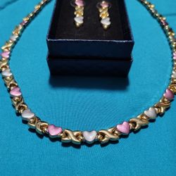 Pink Gold And Silver Hearts And Kisses Xoxo Necklace