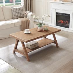 Farmhouse Coffee Table,Solid Wood Center Tables with Storage Shelves & Sturdy A-Shaped Legs, Modern Rustic 2-Tier Rectangular Table for Living Room an