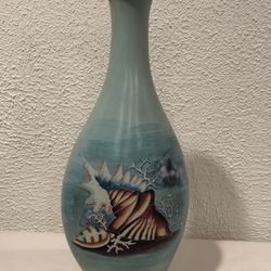 Large Antique Hand Painted Blue Vase , On Side Different Color  Painting 18” Tall 