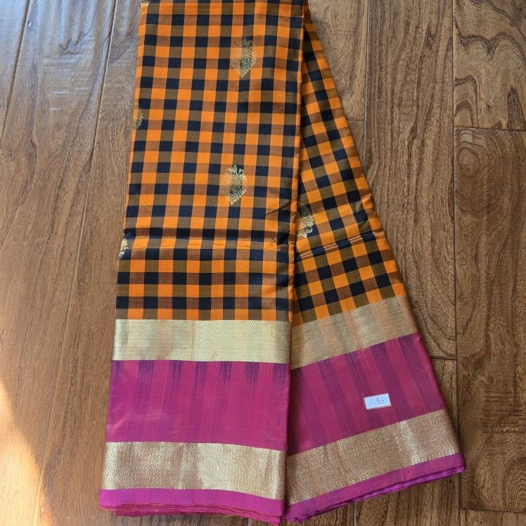 Beautiful New Orangish Yellow & Black Checks Pure KatanSilk Sari With HotPink ZariBorder