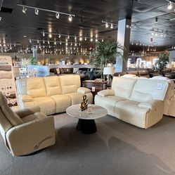 Beige Power Reclining Sofa And Loveseat