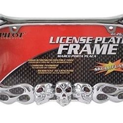 NEW - Chrome Skull and Flame License Plate Frame