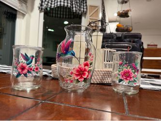 Hummingbird vase and 2 candle holders