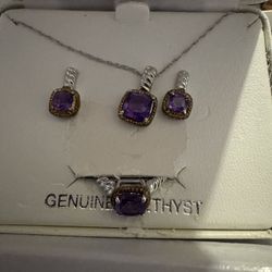 Genuine Amethyst Ring/Ear Rings/Necklace Set New & February Birthstone