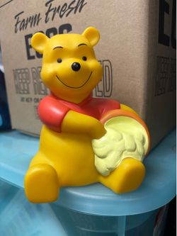 90s Winnie The Pooh with Honey Pot Plastic Bank with stopper. 6”