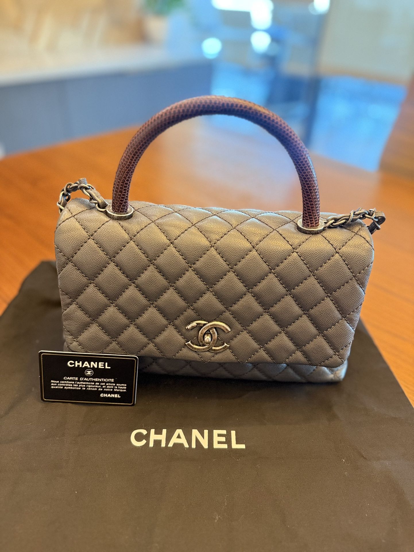 Chanel Grey/Burgundy Caviar Leather and Lizard Medium Coco Top Handle Bag