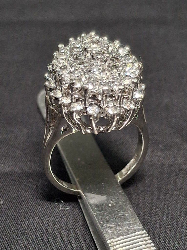 Sterling Silver CZ Stones Lg. Cocktail Ring Sz 7.5 Gram Wt. 8.8