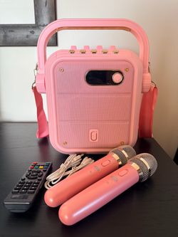 Pink Portable Karaoke Machine with Two Microphones