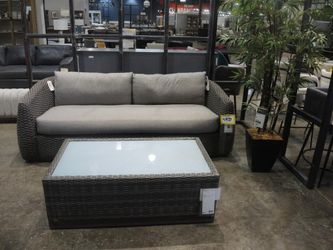 Bernhardt Gray Woven Wicker Outdoor Sofa with Glass-Top Coffee Table