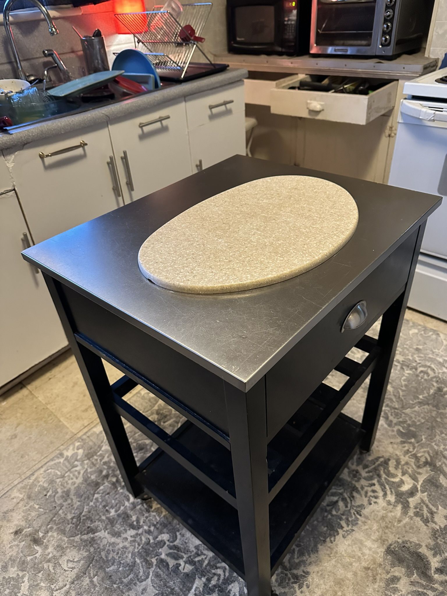 Black Wood & Stainless Steel Island with Drawer and 2 Shelves w/ Locking Wheels, See Details Below