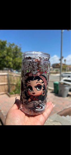 Glitter Glass Can Cup with Cartoon Girl Design