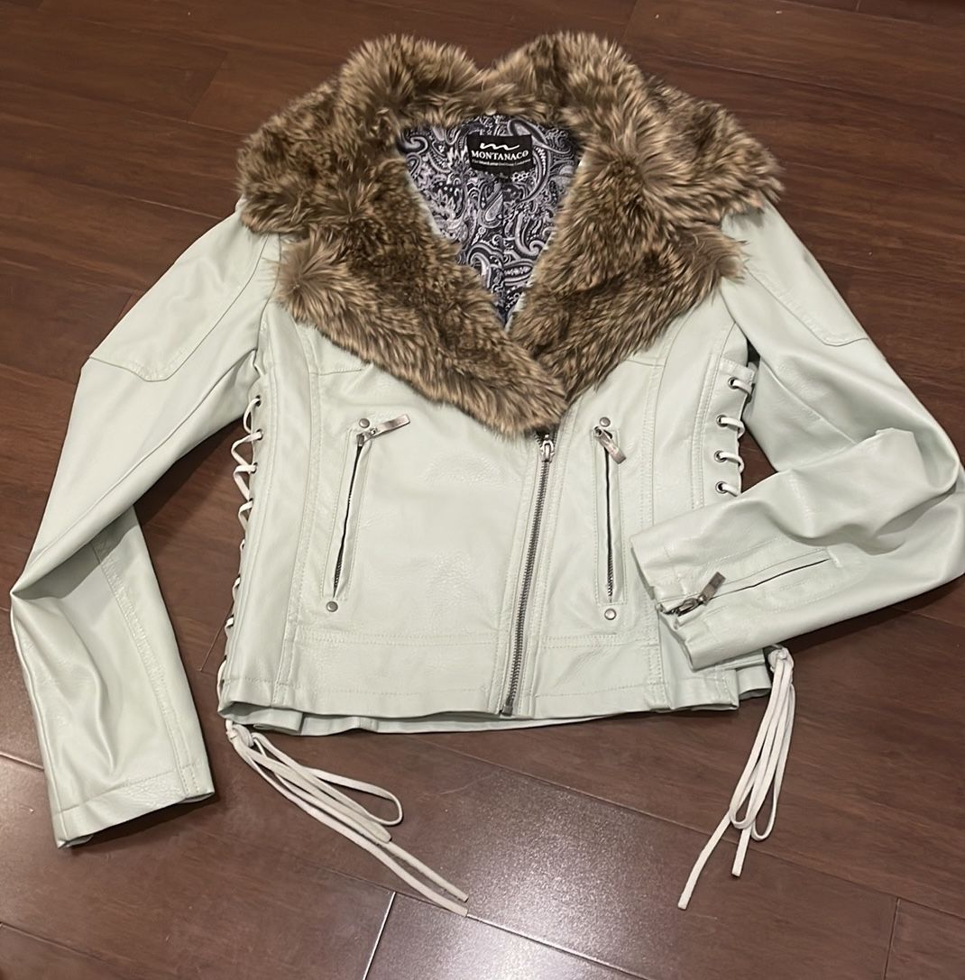 Montanaco mint Colored Moto Jacket With Fur Collar