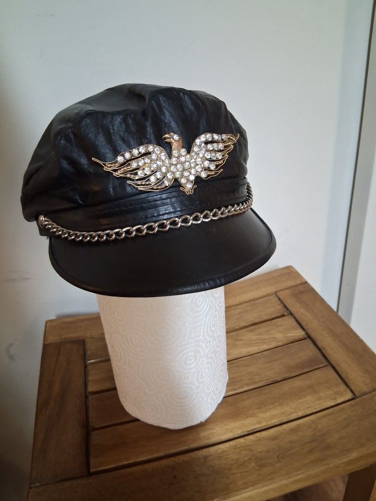 Leather Biker Cap With Fancy Antique Rinestone Eagle Broach/pin Added