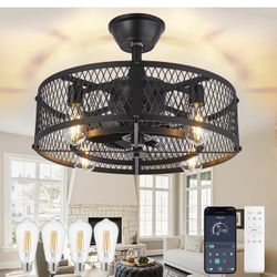 DLLT Caged Ceiling Fan with Light: 20" Farmhouse Fandelier with Lights and Remote & APP - Black Rustic Semi Flush Mount Bladeless Ceiling Fans Enclose