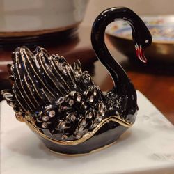Black Jeweled Swan Box with Chaired Marble Pedestal Base