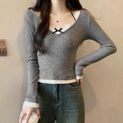 Gray Ribbed Long Sleeve Top with Lace Detail | Women’s