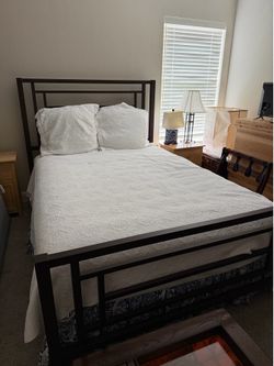 Queen size metal bed frame / bed with free box spring, mattress, and memory foam topper
