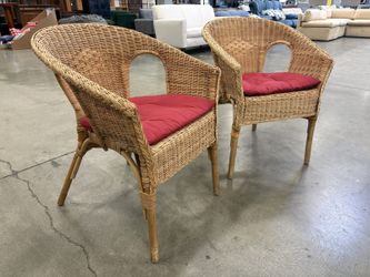 IKEA Agen Rattan Bamboo Armchair with Red Seat Cushion (Set of 2)
