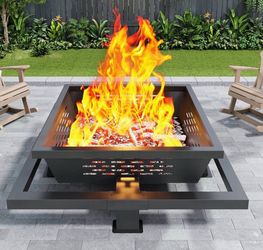 47" Large Fire Pit, Square Outdoor Fire Pit with Poker, Wood Burning FirePit for Camping, Backyard, Patio