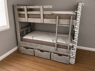 Twin bunk bed with mattress and drawers
