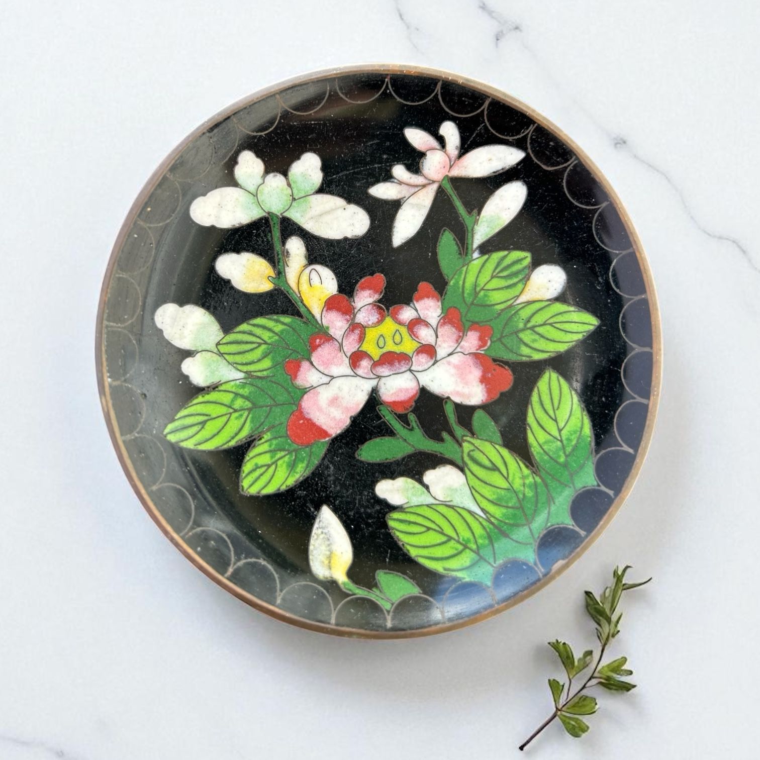 Vintage Chinese Cloisonne Brass Enamel Dish Trinket Plate- 3.8 " - Collectible -