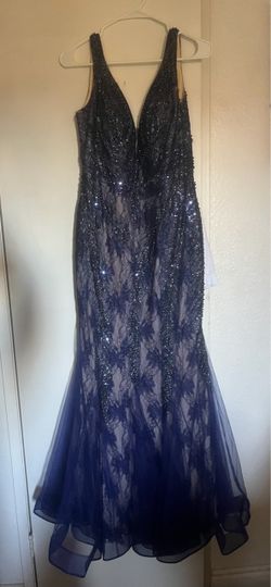 Navy Blue Beaded Lace Mermaid Formal Gown