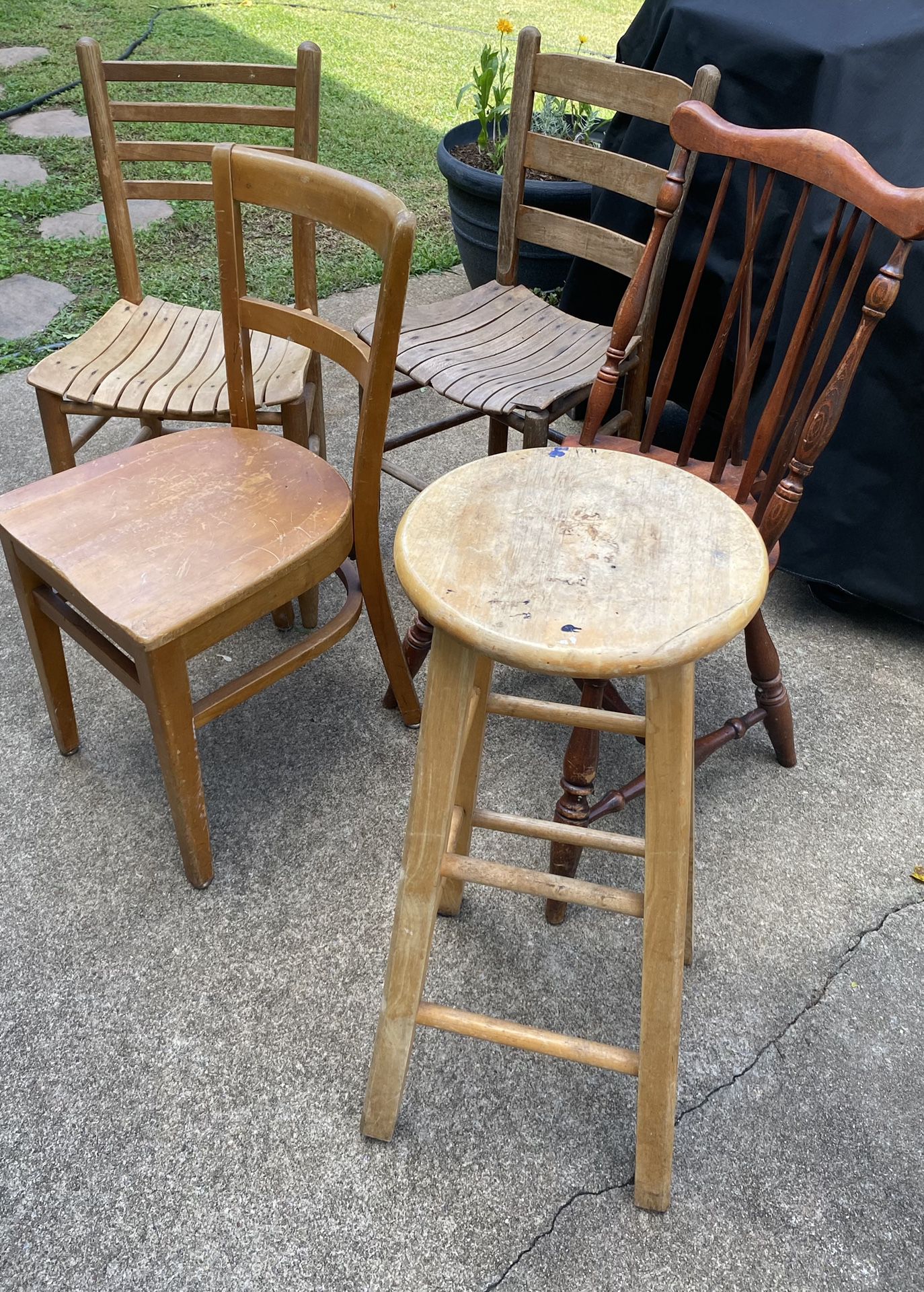 4 Wooden Chairs And A Wooden Stool Sold As Bunch