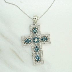 14K White Gold Diamonds Religious Cross Pendant with Chain 18 Inch #22803