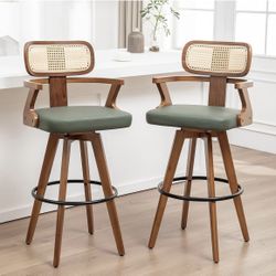NEW - Swivel Bar Stools Set of 2 - 30 inch Mid Century Bar Stools with Walnut Craftsmanship, Curved Rattan Back, Upholstered Seat, Bar Height BarStool