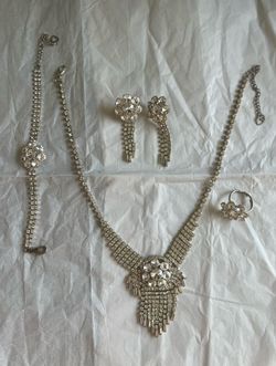 4 Pieces Wedding Necklace, Bracelet, Ring, + Earrings