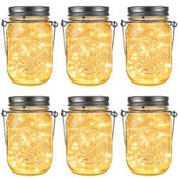 GIGALUMI Mason Jar Solar Hanging Lights, 6 Pack with 30 LEDs, Tin Lids, Waterproof Outdoor Hanging Solar Lanterns, Hooks and Jars Included, Outdoor De