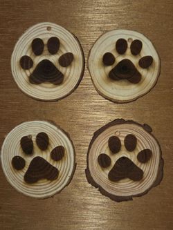 Wood Slice Paw Print Ornaments Set of 4