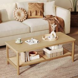 2-Tier Coffee Table for Living Room, Rectangular Living Room Table, with PVC Rattan Storage Shelf, Rounded Corners, Easy Assembly, Boho St